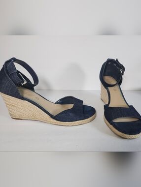 Unisa Denim Blue Espadrille High Wedge Ankle Strap Peep Toe Sandals Shoes S 9.5M